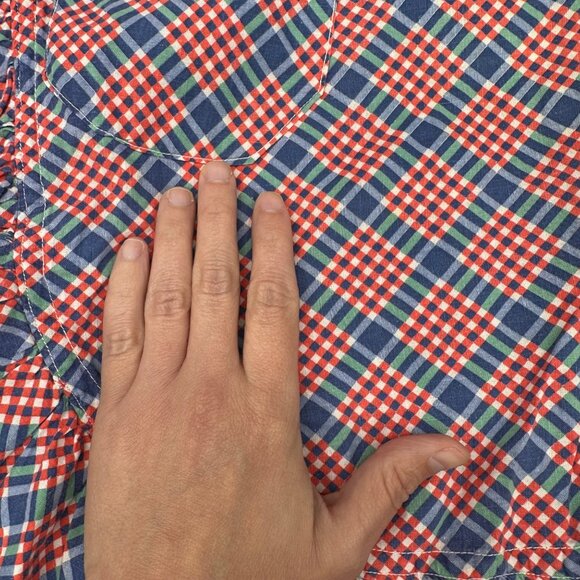 Vintage Ruffled Apron Red Blue Plaid Cotton Pocket Handmade Patriotic Kitchen - Picture 5 of 6